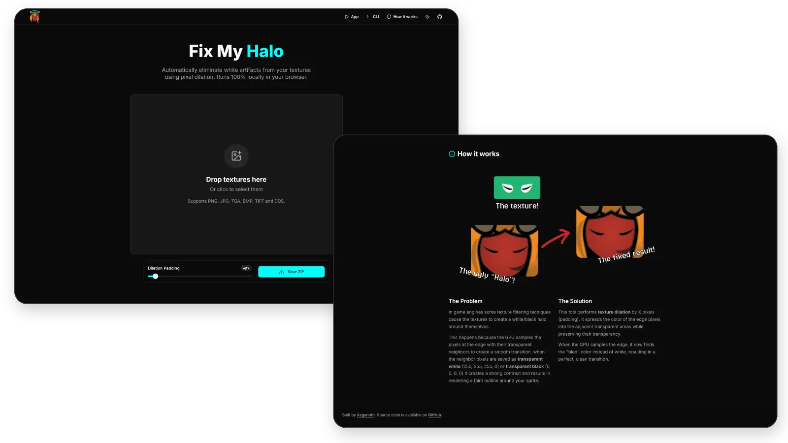 O aplicativo Fix My Halo ao lado do painel Como funciona, comparando um sprite com halo branco ao resultado dilatado, com explicações do problema e da solução.
