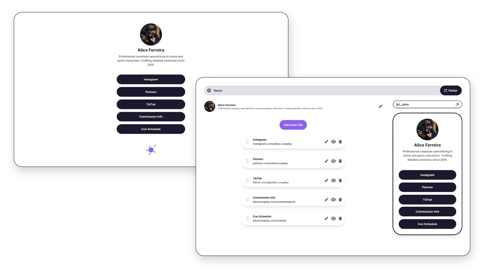 Um perfil publicado do Nexus ao lado do painel de edição, onde cada link tem controles de arrastar, editar, visibilidade e excluir, com prévia do perfil em tempo real.