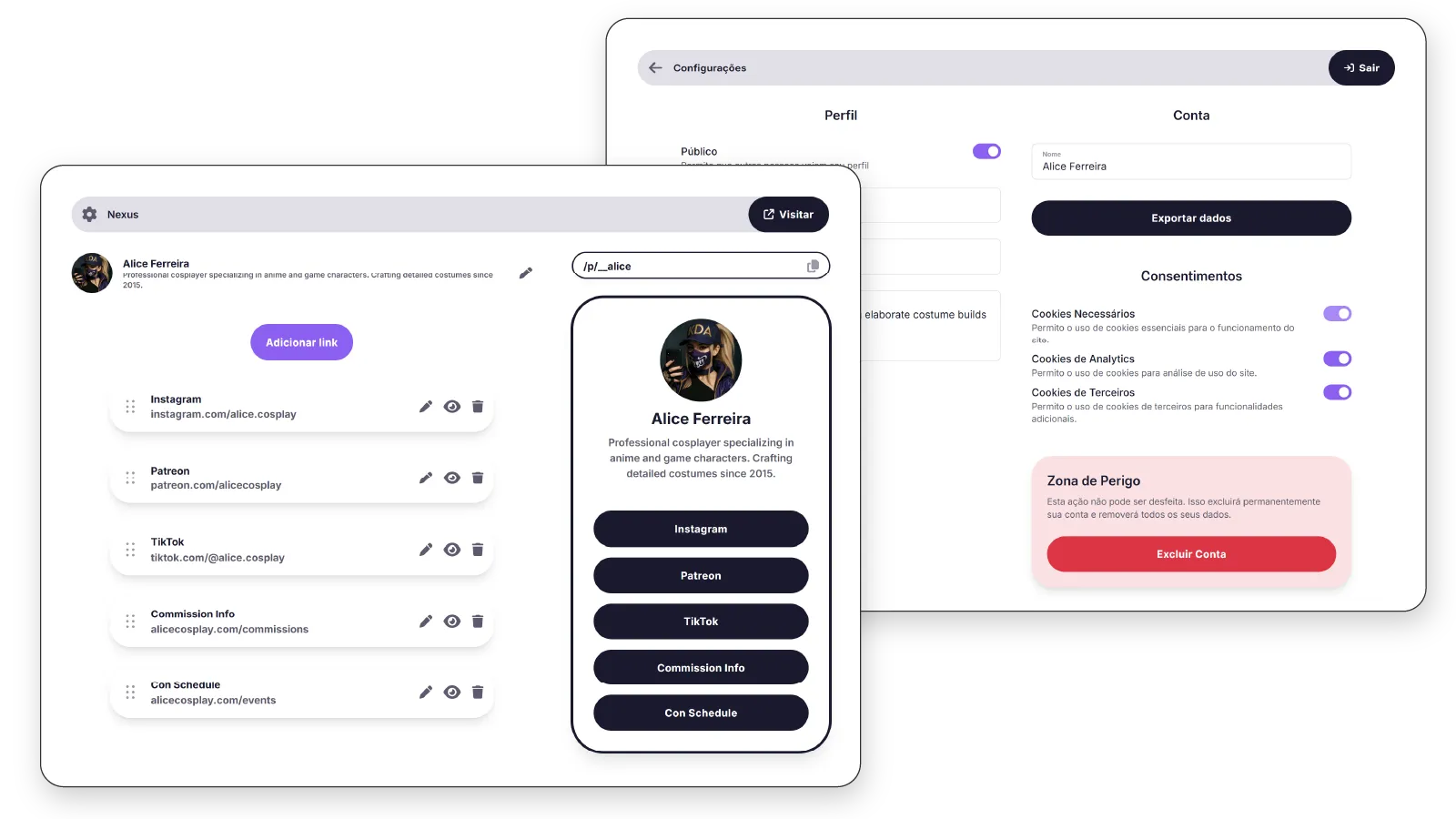 Painel de edição do Nexus sobreposto à tela de configurações, com alternador de perfil público, exportação de dados, consentimentos de cookies e zona de perigo para excluir a conta.