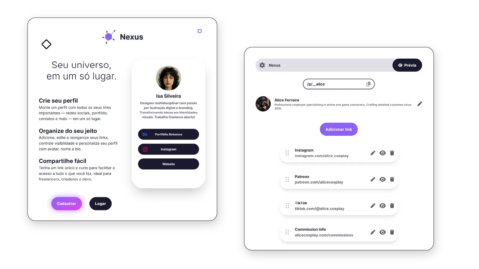 Página inicial do Nexus ao lado do painel de edição, mostrando a URL curta do perfil, o avatar e a bio editáveis e a lista de links salvos.