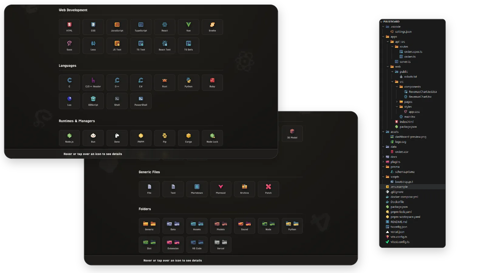 Seções do catálogo para linguagens, runtimes, arquivos genéricos e pastas, ao lado de uma árvore de arquivos do Visual Studio Code usando o tema de ícones.